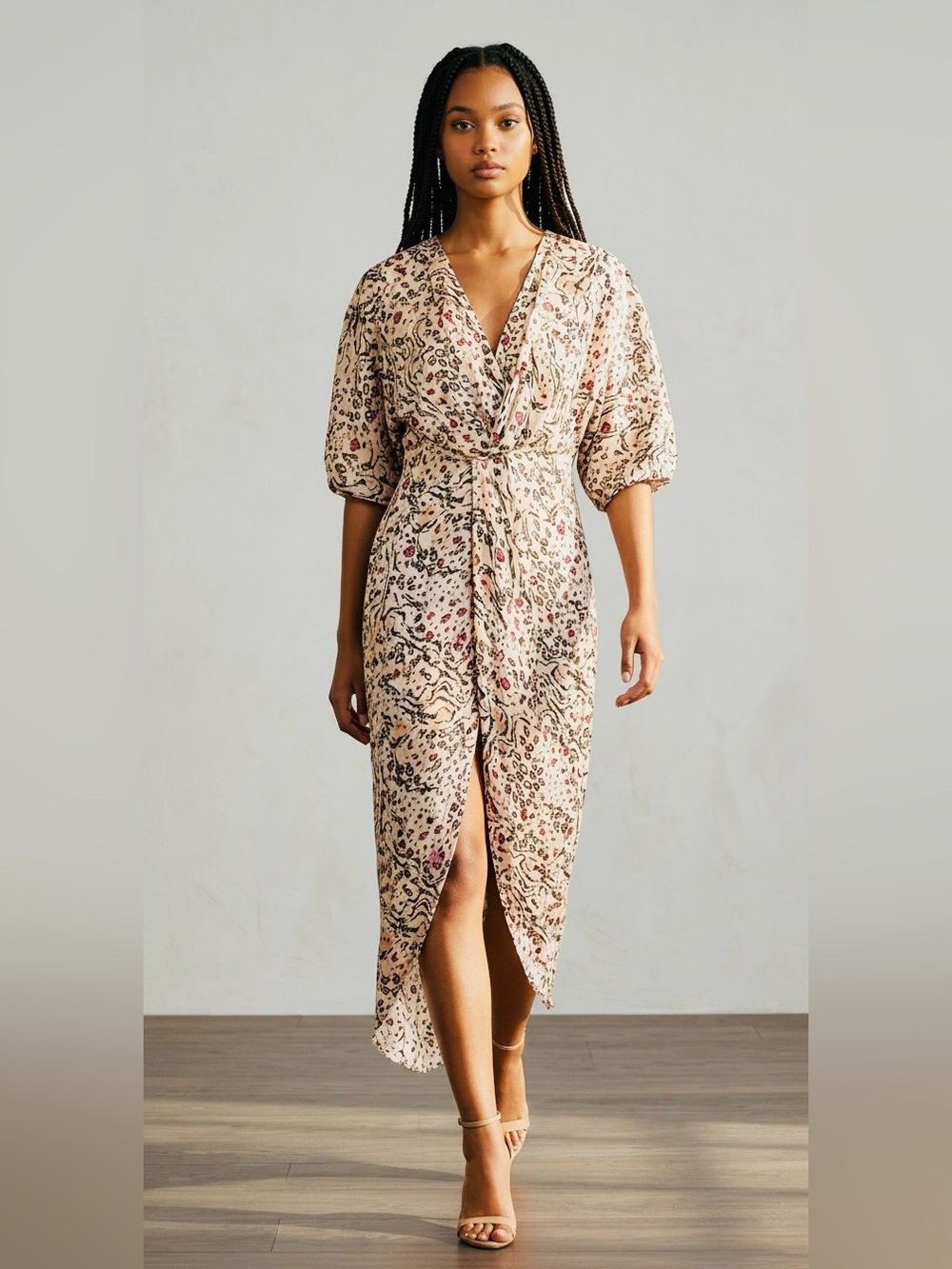 NWT Fame & Partners Cream & Brown Sayge Leopard Midi Dress. Size 6